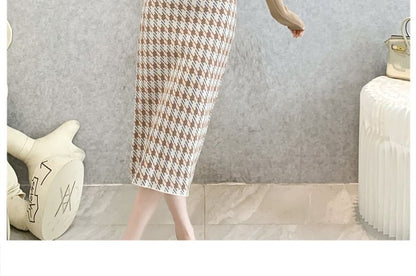 High Waist Houndstooth Midi Pencil Skirt SpreePicky