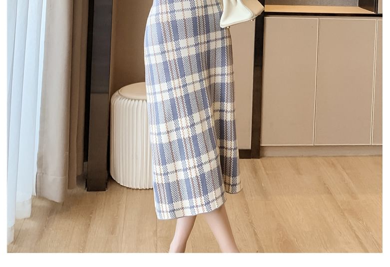 high Waist Plaid Midi Straight Skirt SpreePicky