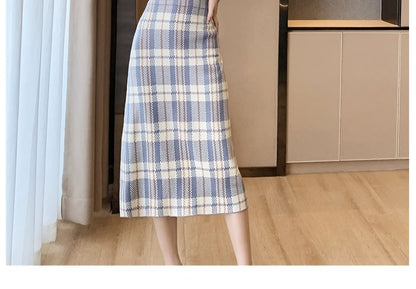 high Waist Plaid Midi Straight Skirt SpreePicky