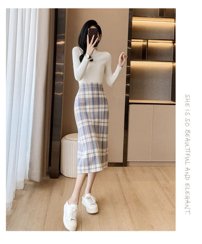 high Waist Plaid Midi Straight Skirt SpreePicky