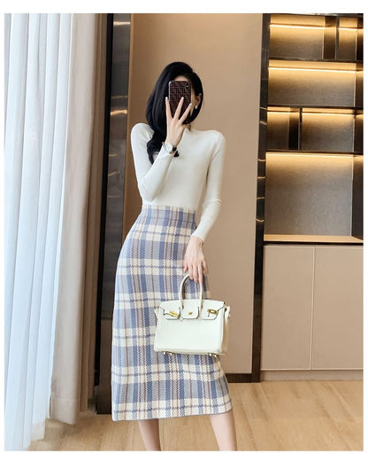 high Waist Plaid Midi Straight Skirt SpreePicky