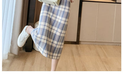 high Waist Plaid Midi Straight Skirt SpreePicky