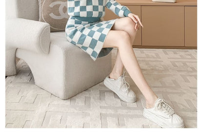 Set: Crew Neck Checkerboard Sweater + High Waist Mini Straight Skirt SpreePicky