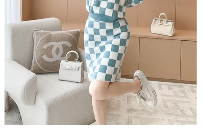 Set: Crew Neck Checkerboard Sweater + High Waist Mini Straight Skirt SpreePicky