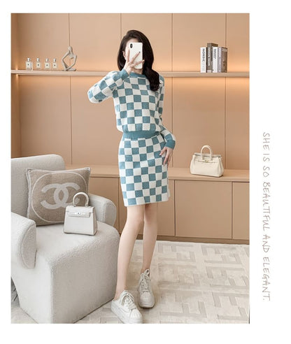 Set: Crew Neck Checkerboard Sweater + High Waist Mini Straight Skirt SpreePicky