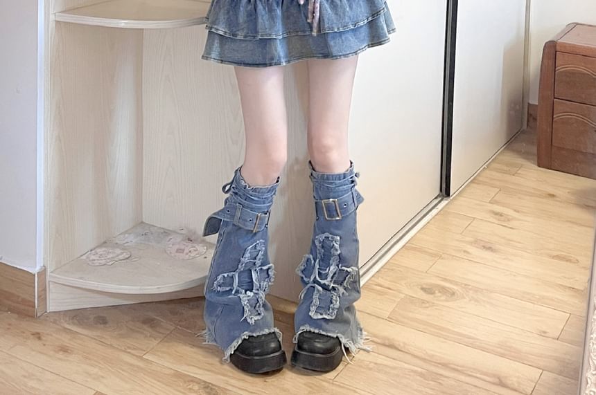 Applique Fringed Trim Buckled Denim Leg Warmers mySite