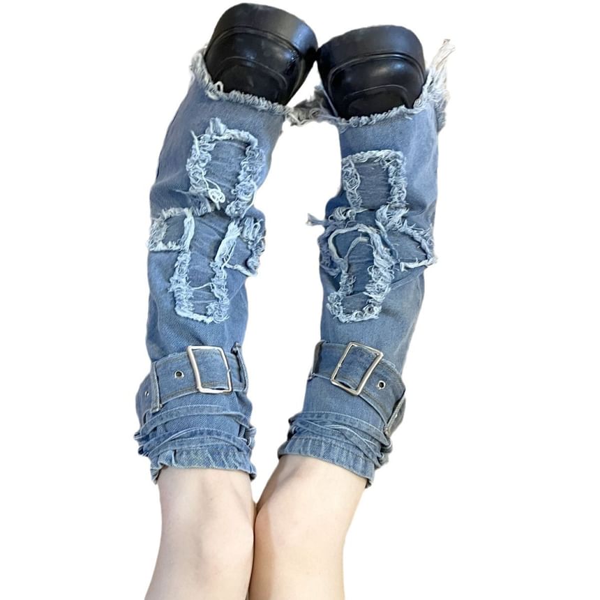 Applique Fringed Trim Buckled Denim Leg Warmers mySite