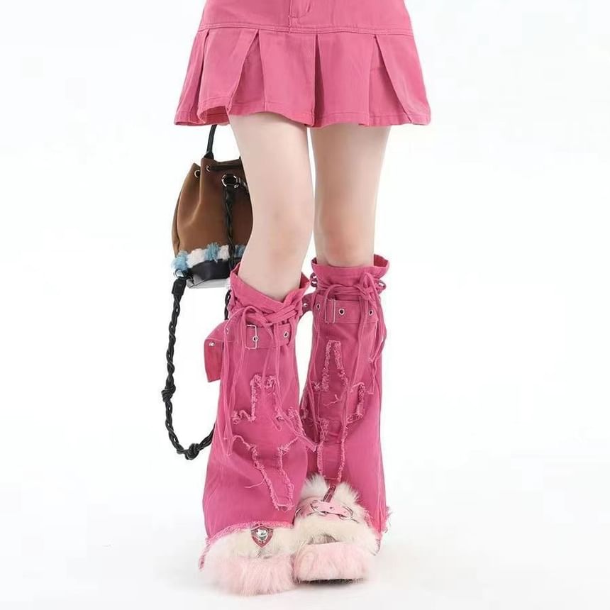 Applique Fringed Trim Buckled Denim Leg Warmers mySite