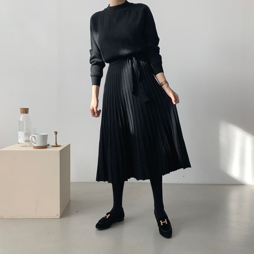 Long-Sleeve Mock Neck Plain Accordion Pleated Midi A-Line Knit Dress SpreePicky