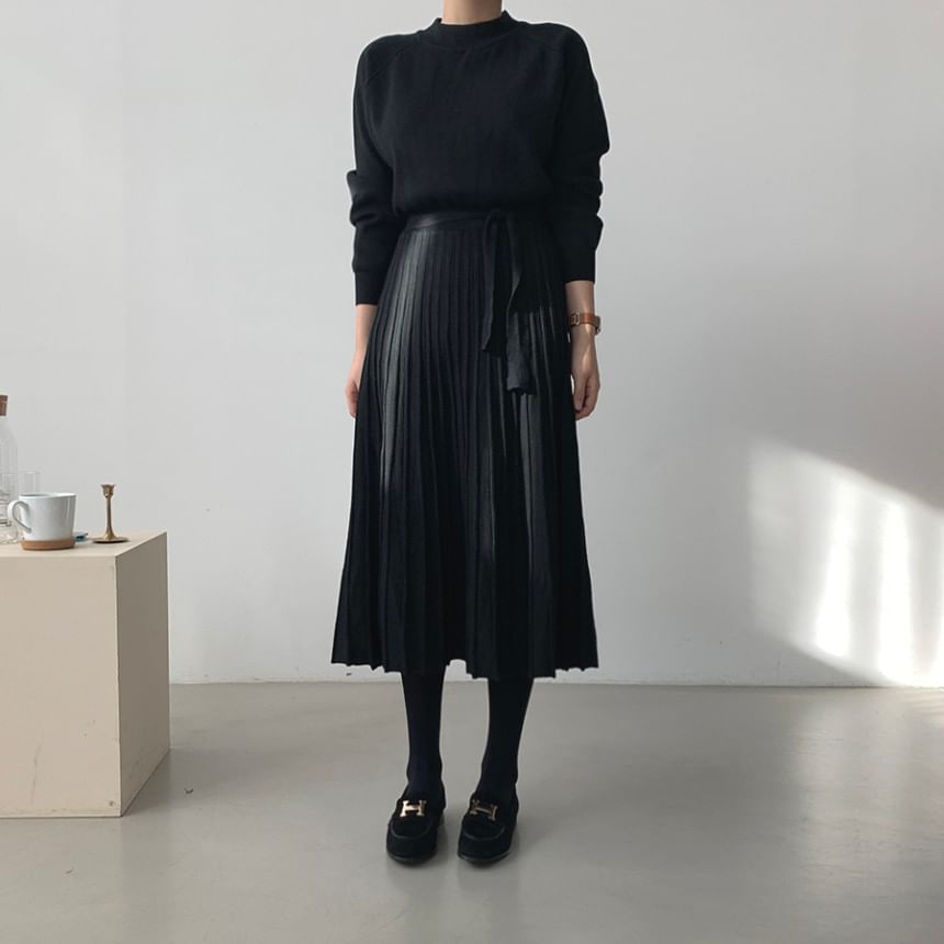 Long-Sleeve Mock Neck Plain Accordion Pleated Midi A-Line Knit Dress SpreePicky