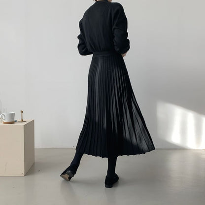 Long-Sleeve Mock Neck Plain Accordion Pleated Midi A-Line Knit Dress SpreePicky