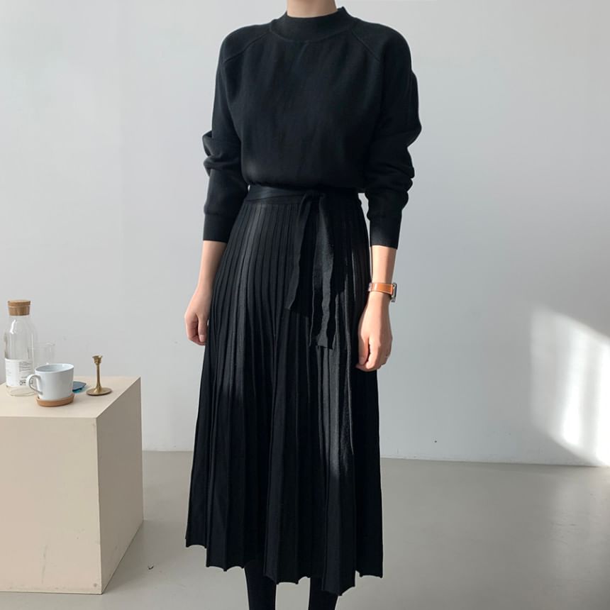 Long-Sleeve Mock Neck Plain Accordion Pleated Midi A-Line Knit Dress SpreePicky