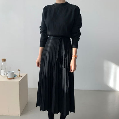 Long-Sleeve Mock Neck Plain Accordion Pleated Midi A-Line Knit Dress SpreePicky