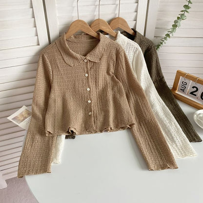 Long-Sleeve Plain Shirred Button-Up Shirt mySite