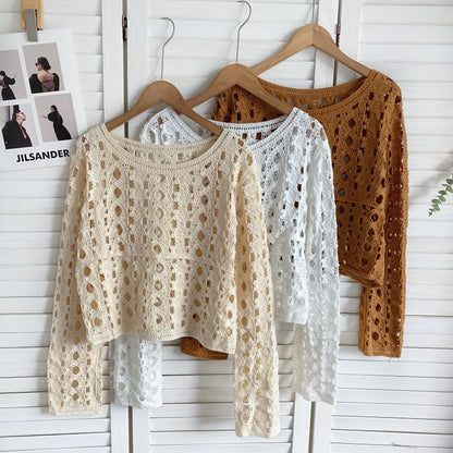 Long-Sleeve Crew Neck Crochet Lace Top mySite