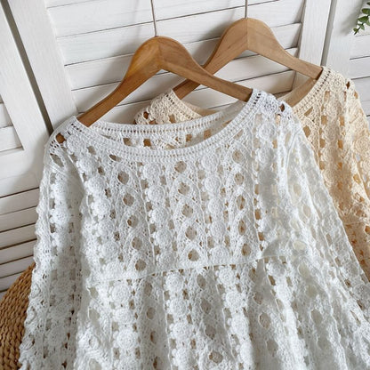 Long-Sleeve Crew Neck Crochet Lace Top mySite