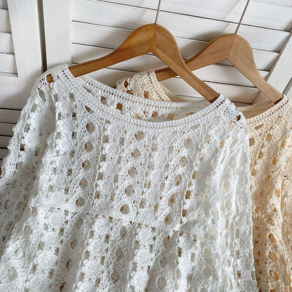 Long-Sleeve Crew Neck Crochet Lace Top mySite