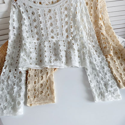 Long-Sleeve Crew Neck Crochet Lace Top mySite