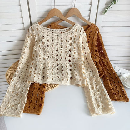 Long-Sleeve Crew Neck Crochet Lace Top mySite