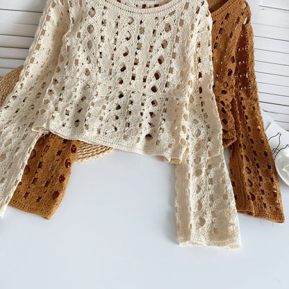 Long-Sleeve Crew Neck Crochet Lace Top mySite