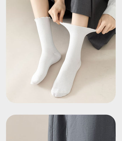 Set of 2 Paris: Plain Ribbed Ruffle Trim Socks SpreePicky