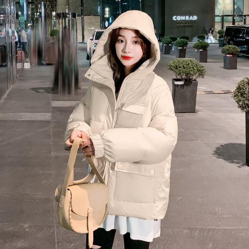 Plain Hooded Zip Puffer Jacket SpreePicky