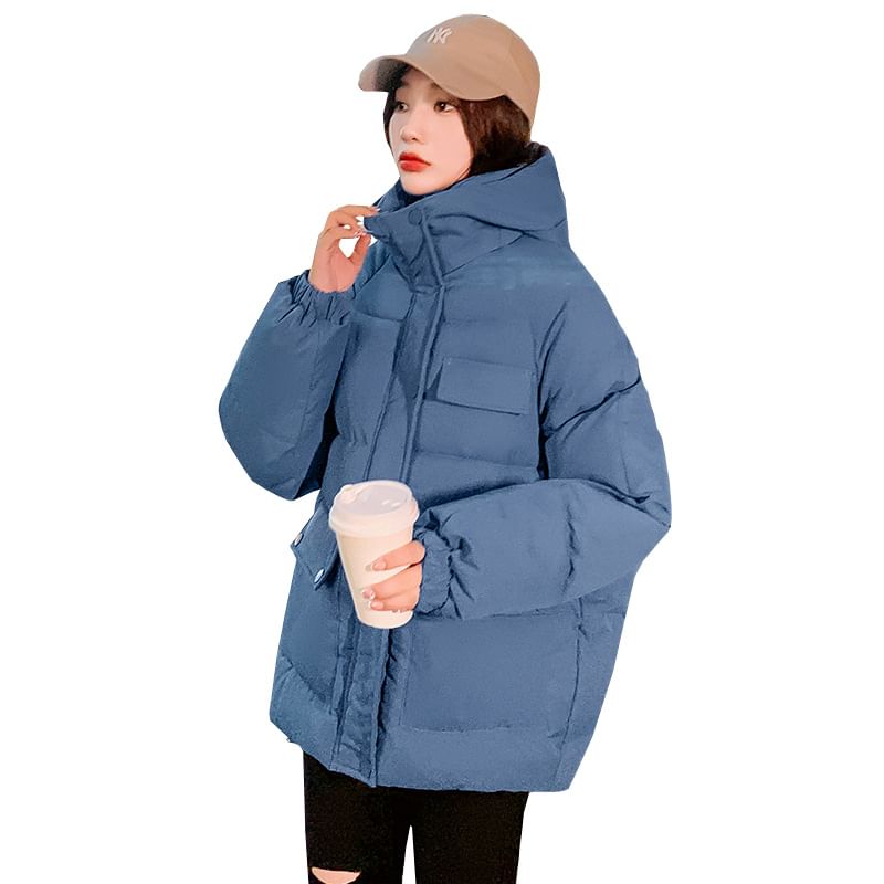 Plain Hooded Zip Puffer Jacket SpreePicky