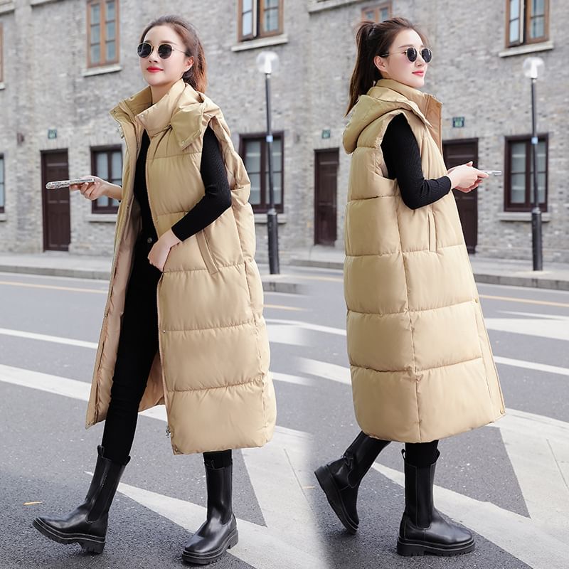 Plain Hooded Midi Puffer Vest SpreePicky