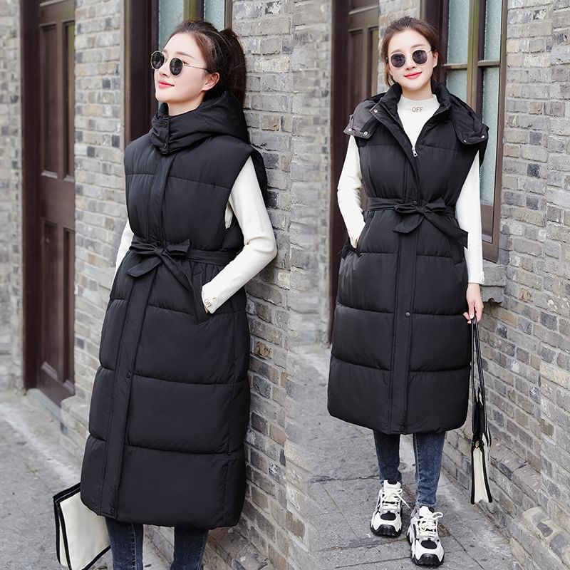 Plain Hooded Midi Puffer Vest SpreePicky