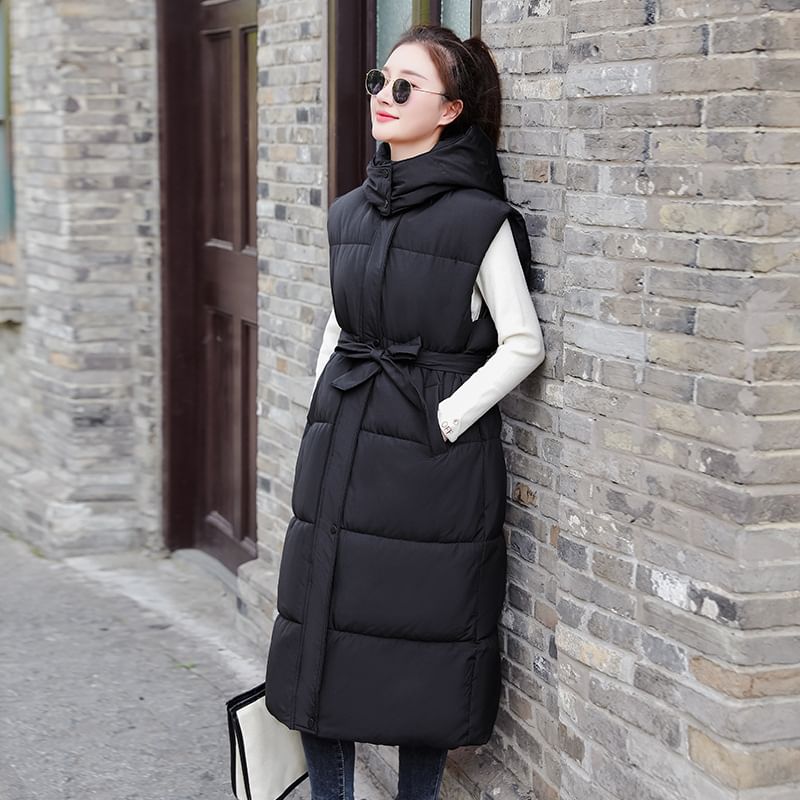 Plain Hooded Midi Puffer Vest SpreePicky