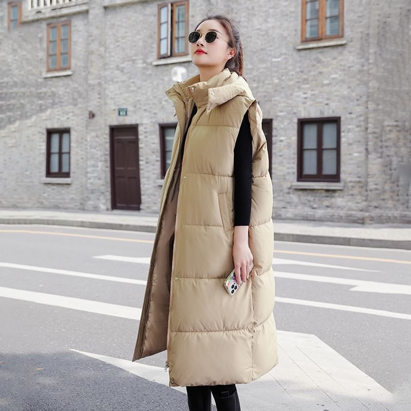 Plain Hooded Midi Puffer Vest SpreePicky