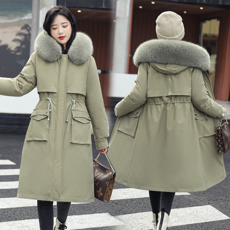 Plain Fluffy Trim Drawstring Midi Parka SpreePicky