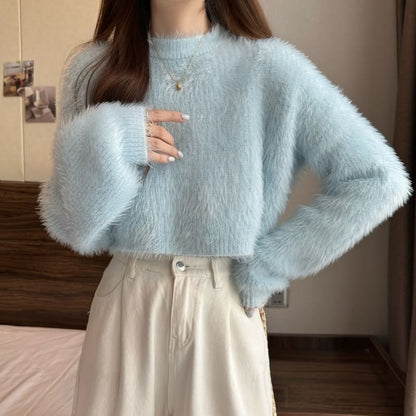 Crewneck Plain Woolen Oversize Cropped Sweater SpreePicky