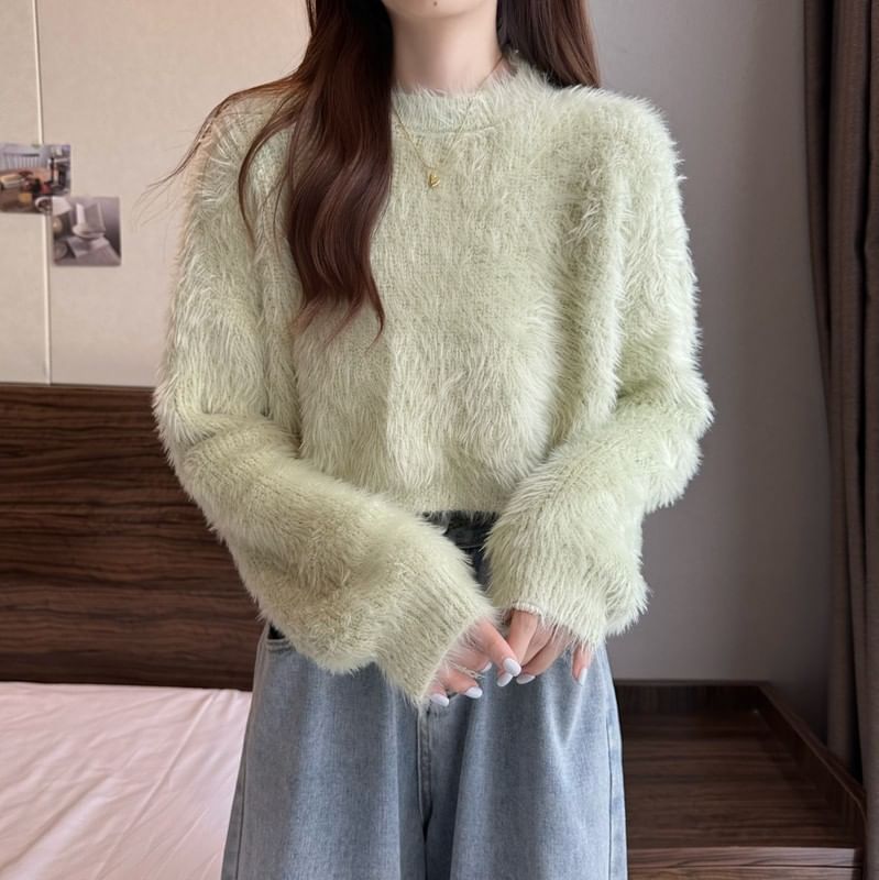 Crewneck Plain Woolen Oversize Cropped Sweater SpreePicky