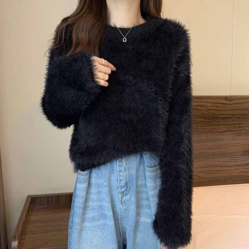 Crewneck Plain Woolen Oversize Cropped Sweater SpreePicky