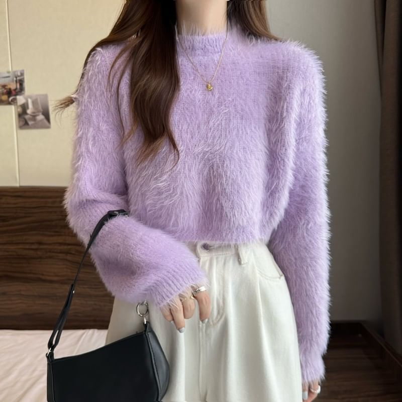 Crewneck Plain Woolen Oversize Cropped Sweater SpreePicky