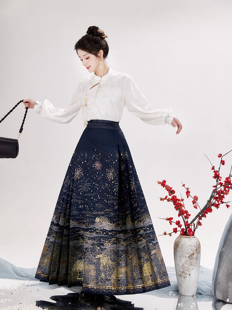 Puff-Sleeve Floral Jacquard Hanfu Top / High Waist Printed Pleated Midi Ma Mian Skirt / Set SpreePicky