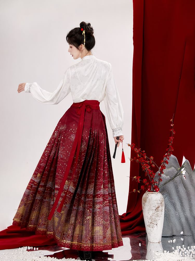 Puff-Sleeve Floral Jacquard Hanfu Top / High Waist Printed Pleated Midi Ma Mian Skirt / Set SpreePicky