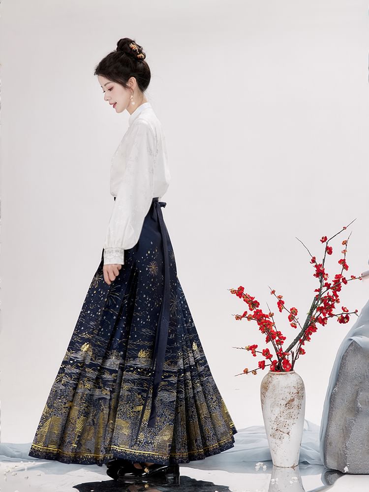 Puff-Sleeve Floral Jacquard Hanfu Top / High Waist Printed Pleated Midi Ma Mian Skirt / Set SpreePicky