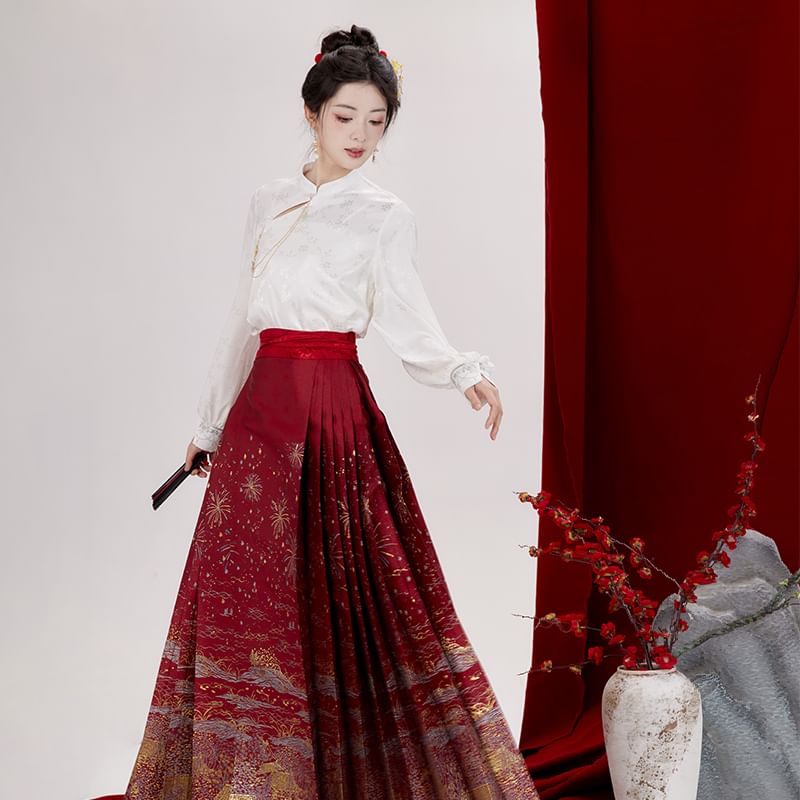 Puff-Sleeve Floral Jacquard Hanfu Top / High Waist Printed Pleated Midi Ma Mian Skirt / Set SpreePicky