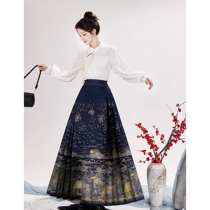 Puff-Sleeve Floral Jacquard Hanfu Top / High Waist Printed Pleated Midi Ma Mian Skirt / Set SpreePicky