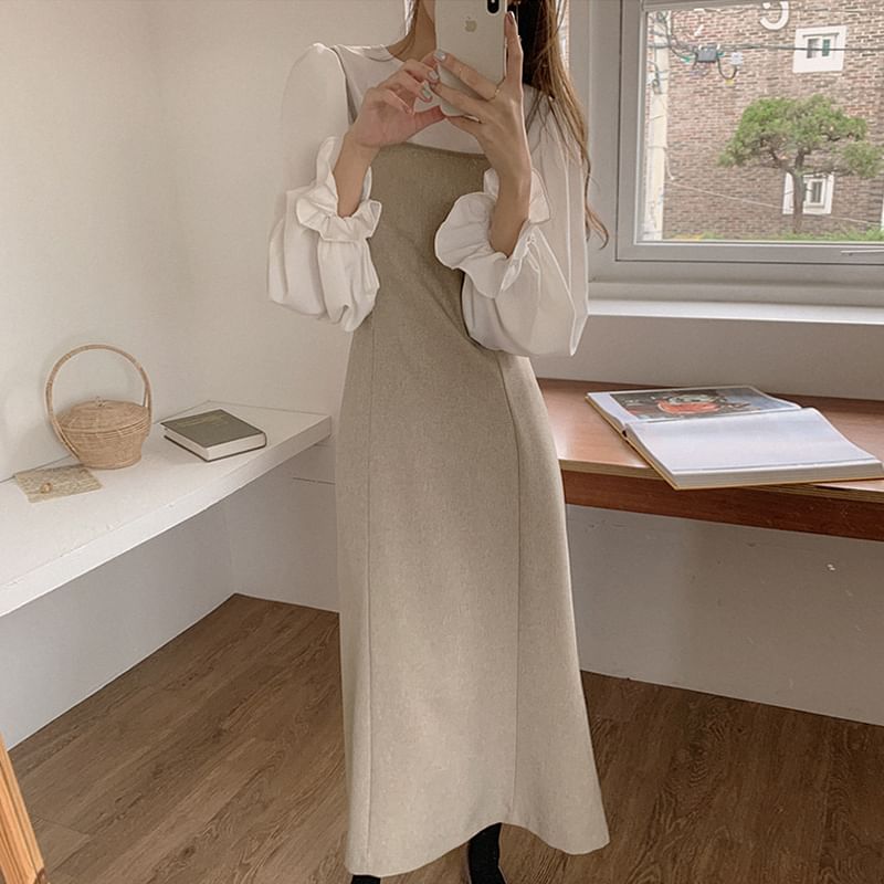 Spaghetti Strap Plain Midi Overall Dress / Long-Sleeve Crew Neck Plain Ruffle Trim Blouse SpreePicky