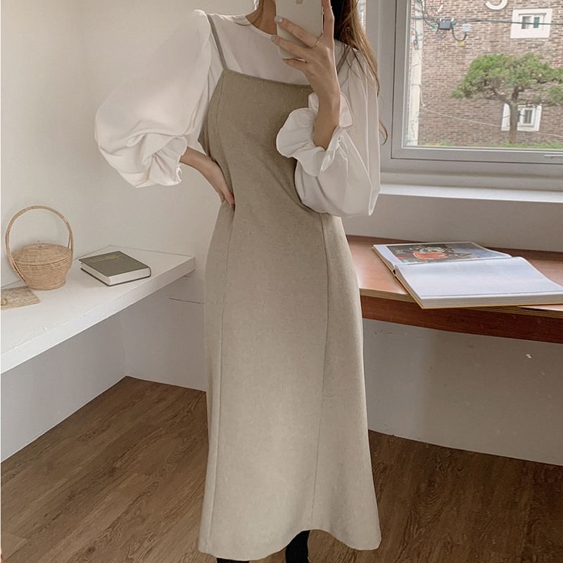 Spaghetti Strap Plain Midi Overall Dress / Long-Sleeve Crew Neck Plain Ruffle Trim Blouse SpreePicky