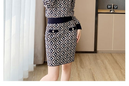 Set: Crew Neck Patterned Sweater + High Waist Mini Pencil Skirt SpreePicky