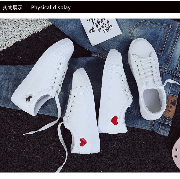 Platform Heart Print Faux Leather Lace-Up Sneakers SpreePicky