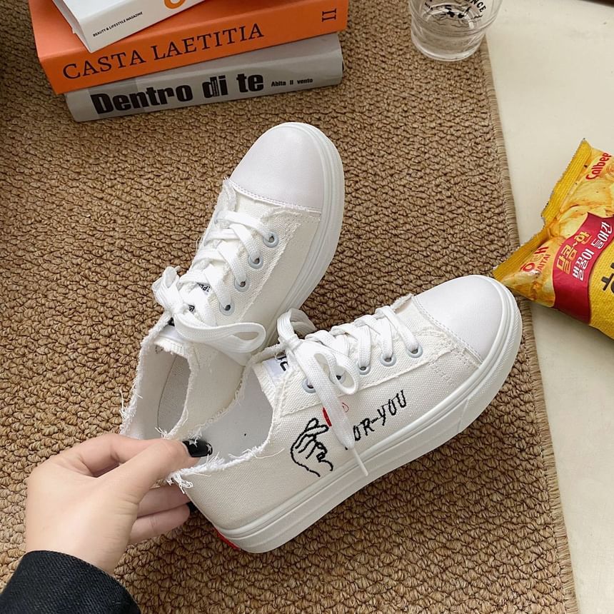 Platform Heart Embroidered Frayed Canvas Lace-Up Sneakers SpreePicky