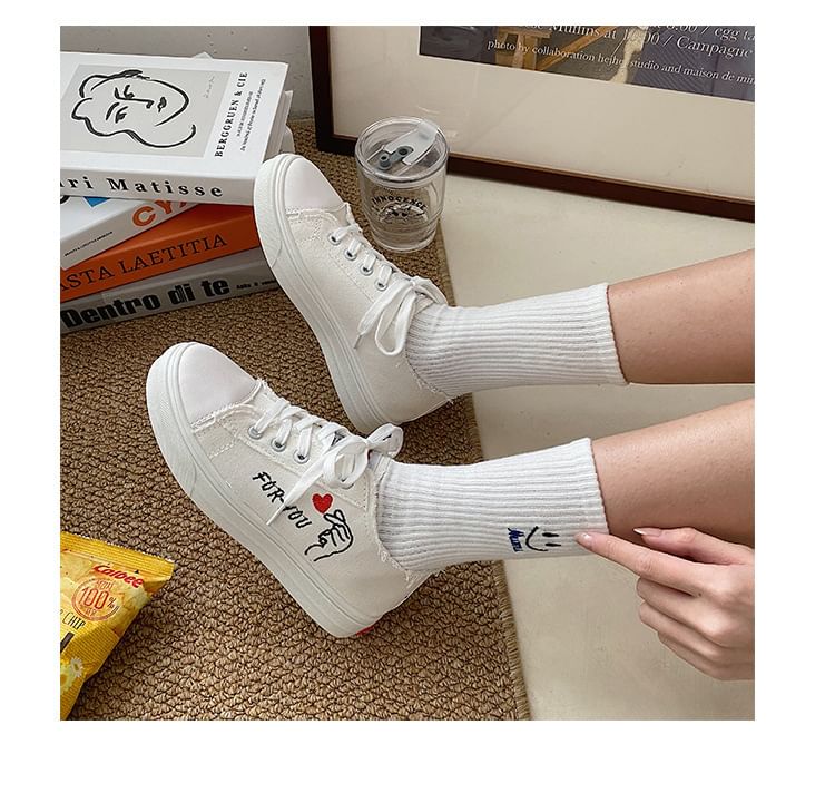 Platform Heart Embroidered Frayed Canvas Lace-Up Sneakers SpreePicky