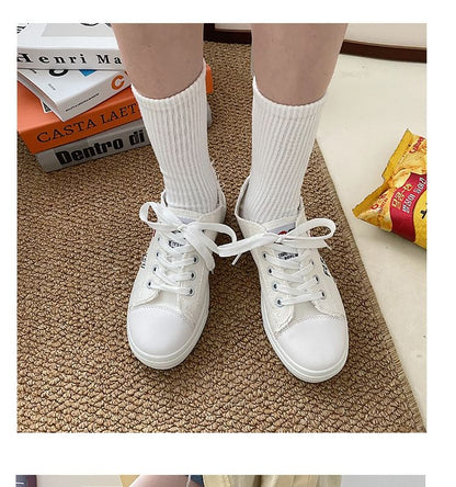 Platform Heart Embroidered Frayed Canvas Lace-Up Sneakers SpreePicky