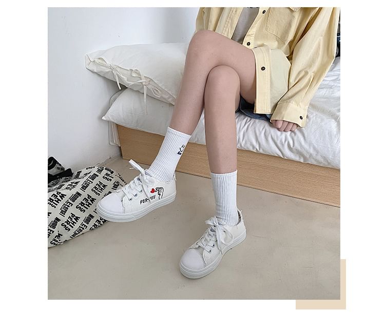 Platform Heart Embroidered Frayed Canvas Lace-Up Sneakers SpreePicky