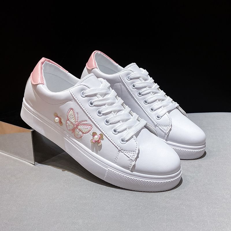 Platform Butterfly Embroidered Faux Pearl Accent Lace-Up Sneakers SpreePicky